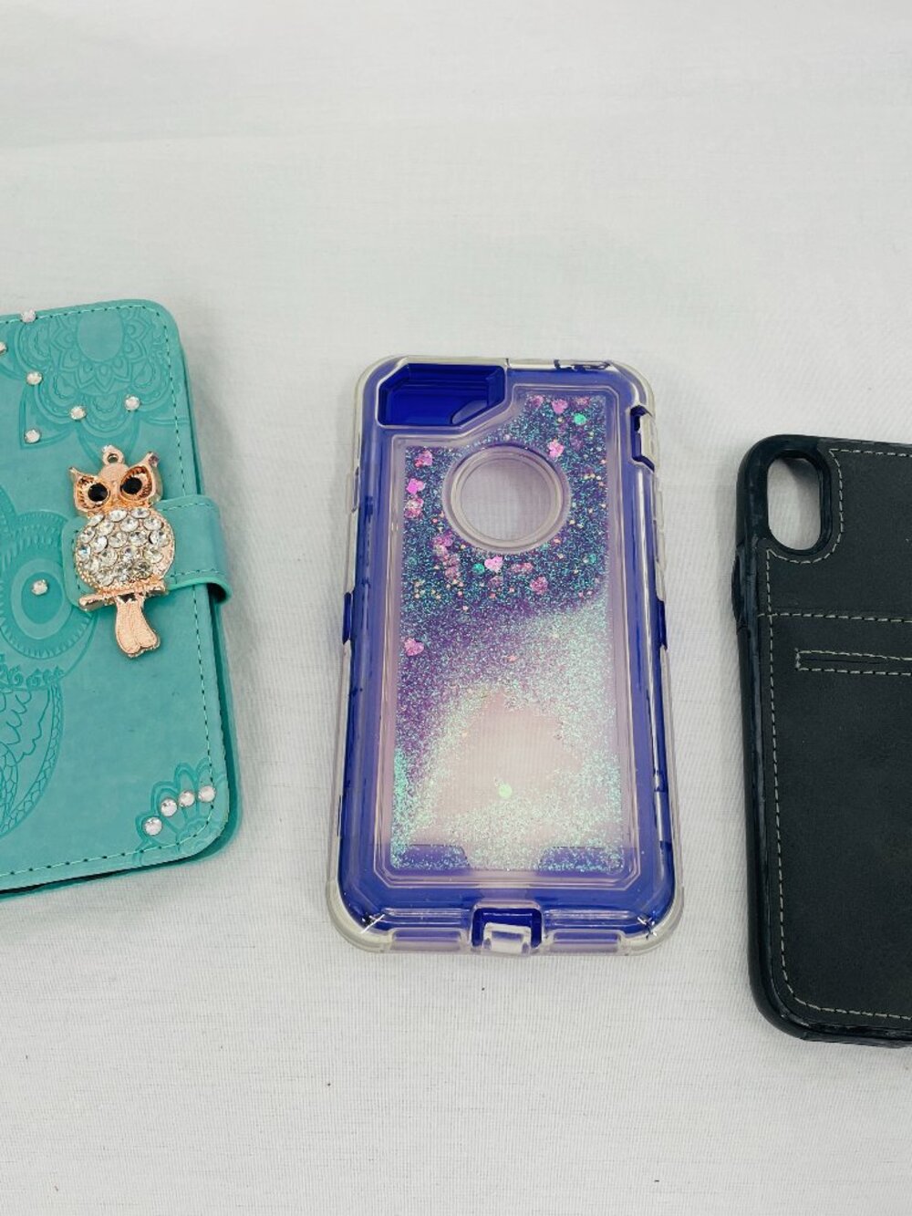 Lot of 3 iPhone cases: wallet, glitter, and owl design